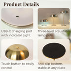 Stylish Cordless Gold Mushroom Table Lamp with Dimmable 3-Color LED and 5200mAh Rechargeable Battery
