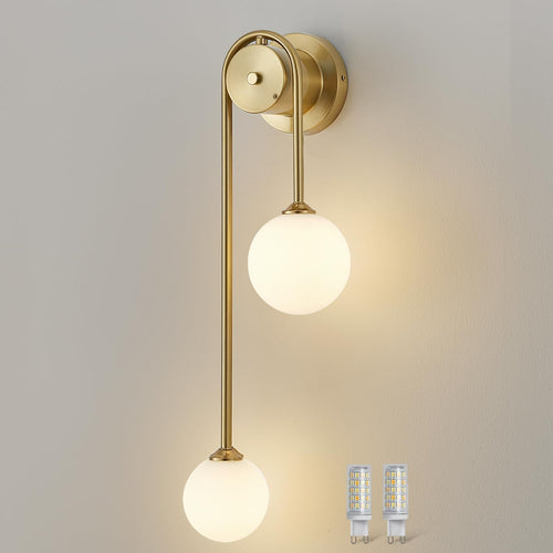 Golden Wall Lamp Double Ball, Mid-Century Modern Glass Wall Sconces,With G9 Tricolor Bulb for Living Room Bedroom Bedside Stairs Restaurant Bathroom Corridor Aisle Lighting(1Pack)
