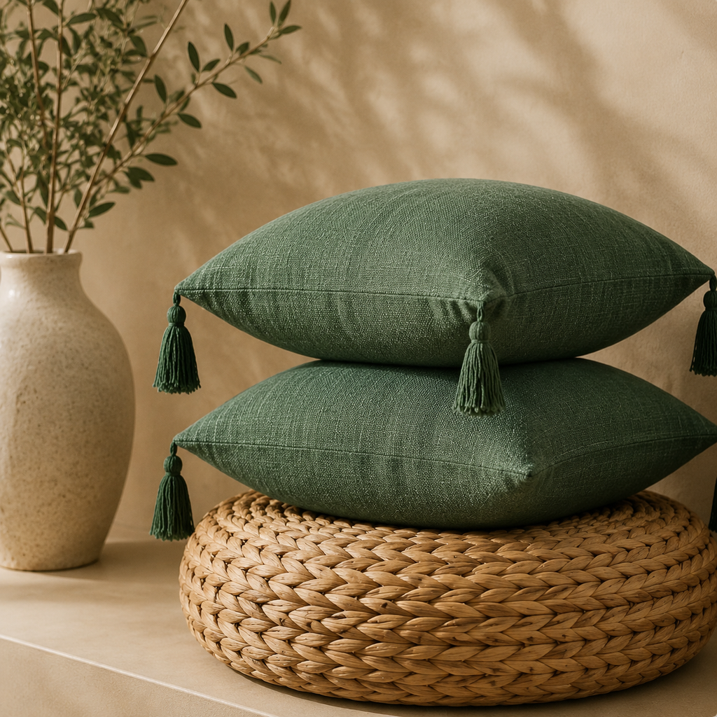 Japanese Linen Tassel Cushion Cover in Forest Green — two cushions stacked on rattan pouf