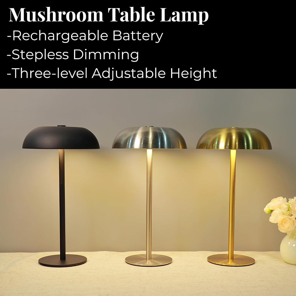 Stylish Cordless Gold Mushroom Table Lamp with Dimmable 3-Color LED and 5200mAh Rechargeable Battery