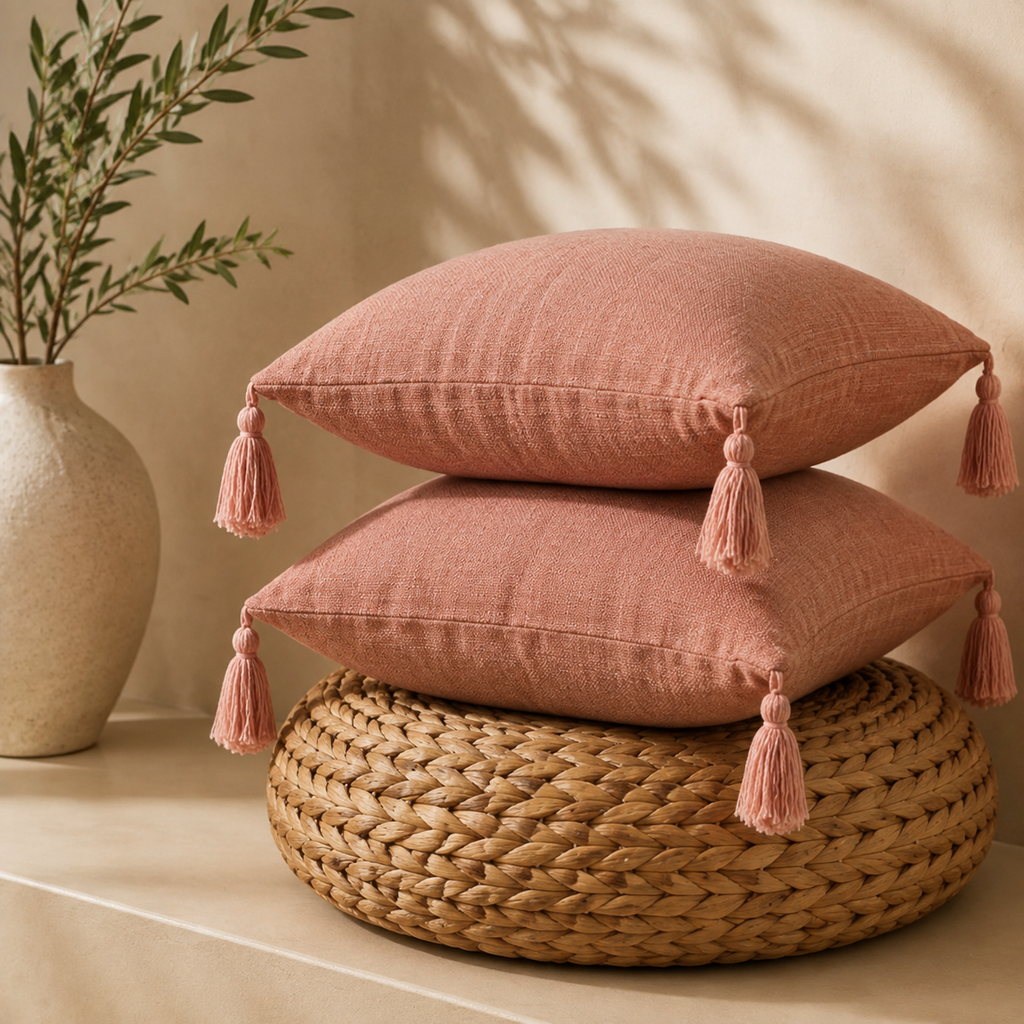 Japanese Linen Tassel Cushion Cover in Dusty Rose — two cushions stacked on rattan pouf