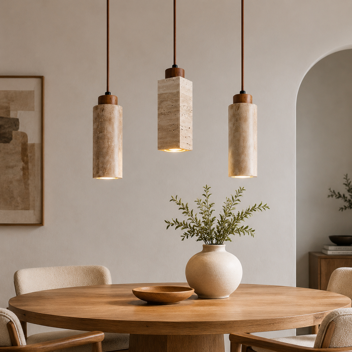 Three travertine pendant lights over dining table