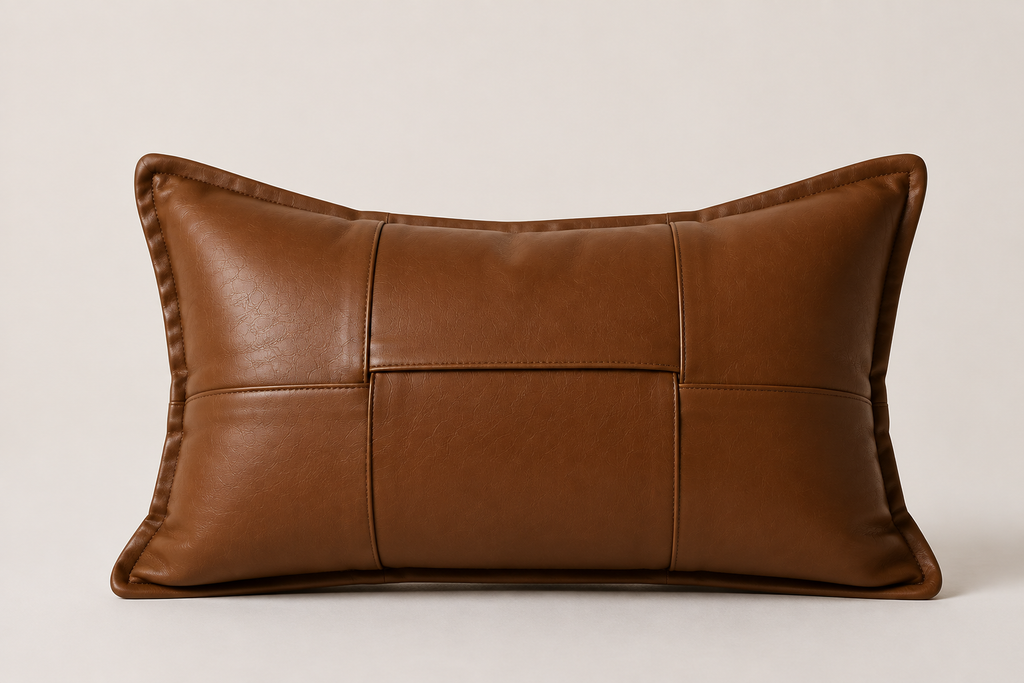 Woven leather lumbar pillow cover in cognac brown on white background – 30x50cm