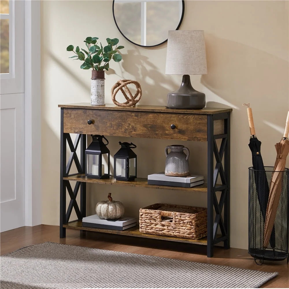 Stylish Rustic Brown 2-Tier X-Design Console Table for Entryway – Perfect Storage Solution!