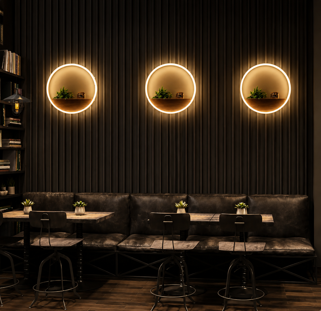 Circular LED Wall Light with Floating Shelf — three units styled in a restaurant setting