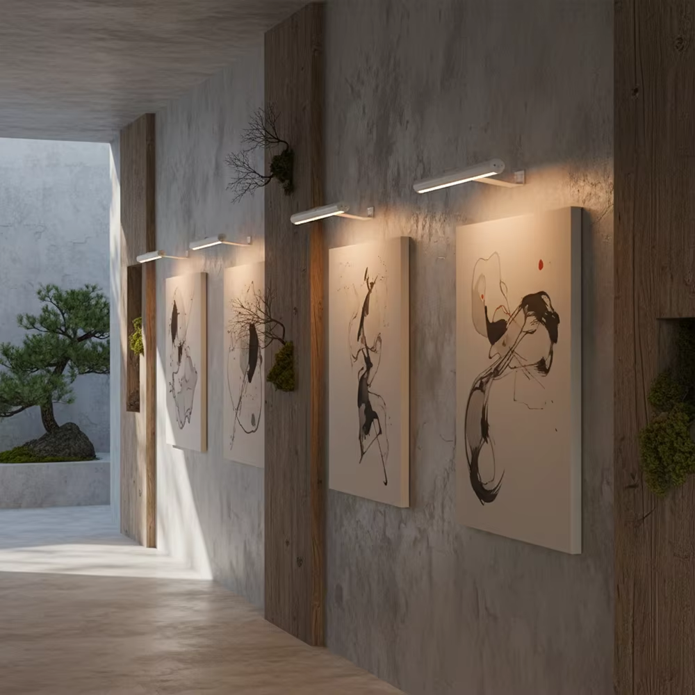 Multiple wireless LED picture lights illuminating artwork in a minimalist gallery corridor